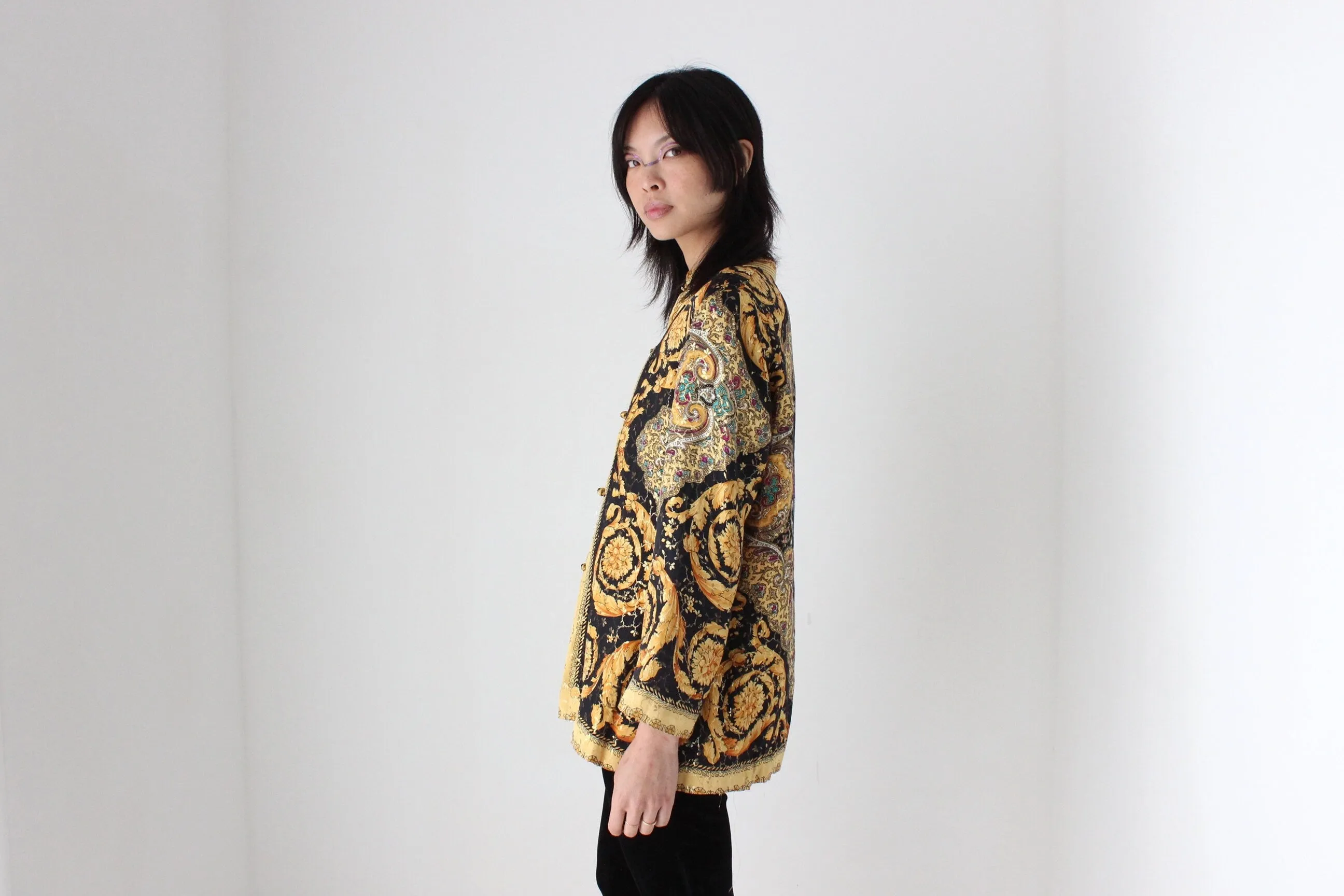 80s Pure Silk Baroque Print Mandarin Collar Quilted Jacket