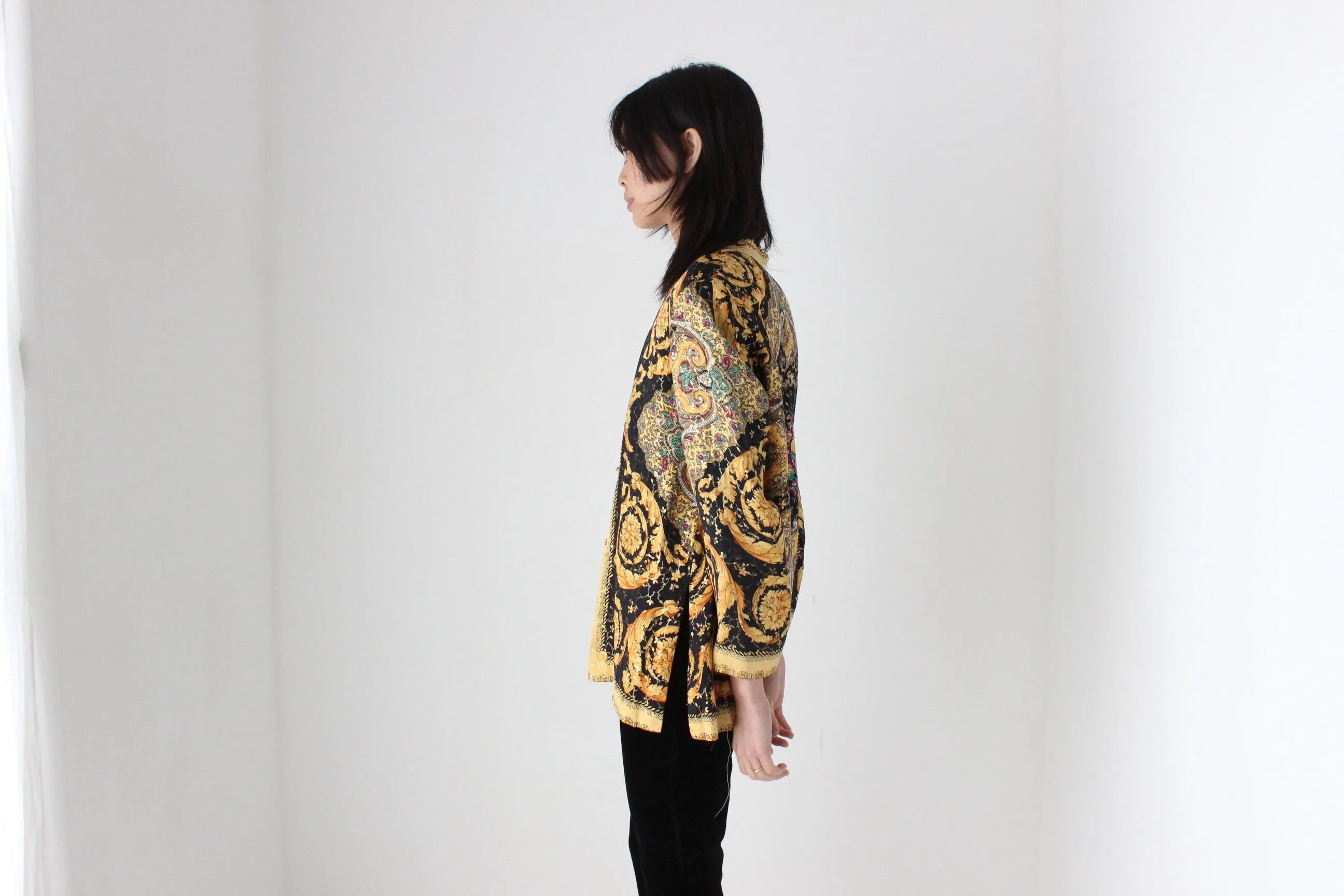 80s Pure Silk Baroque Print Mandarin Collar Quilted Jacket