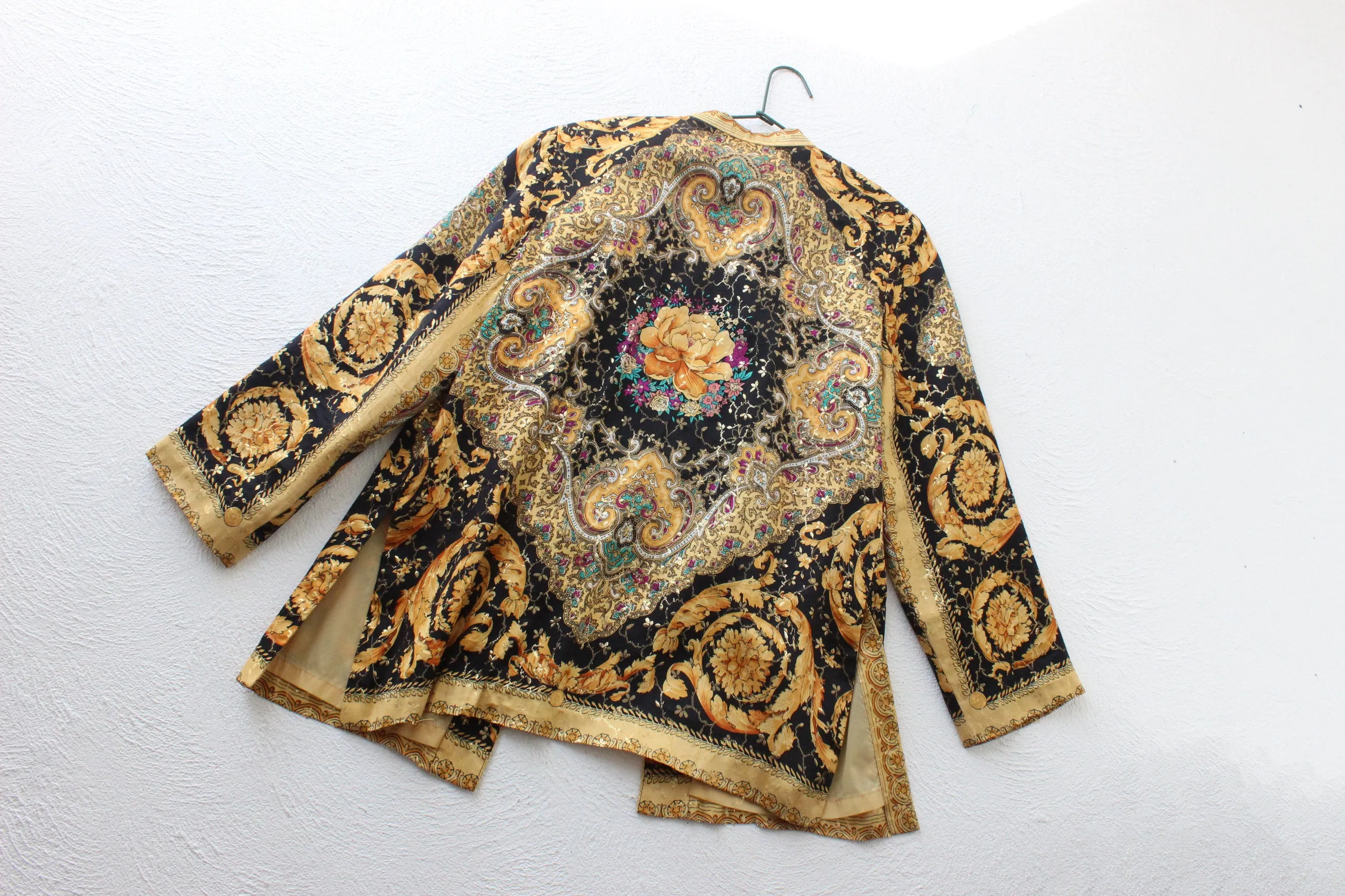 80s Pure Silk Baroque Print Mandarin Collar Quilted Jacket