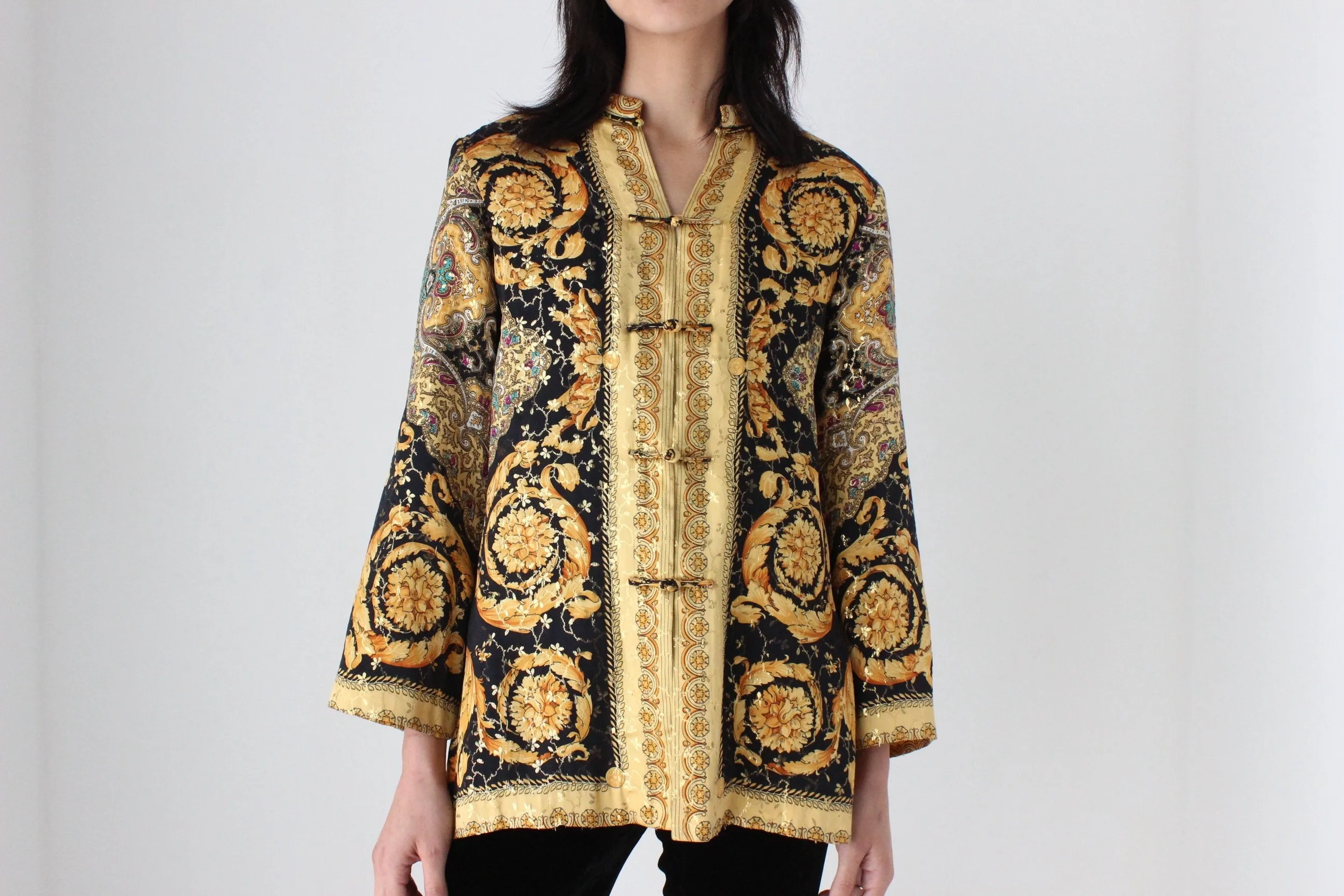 80s Pure Silk Baroque Print Mandarin Collar Quilted Jacket