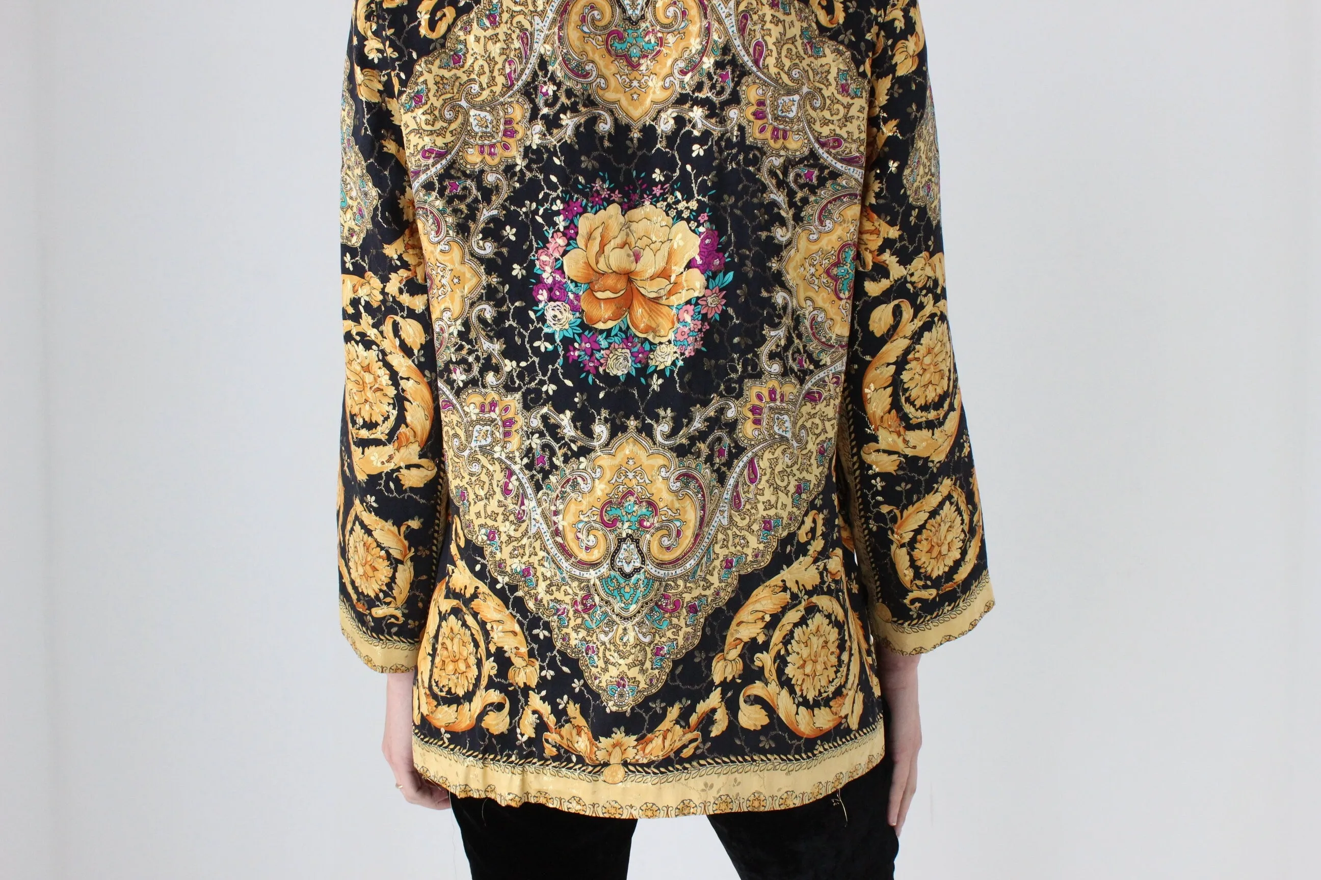 80s Pure Silk Baroque Print Mandarin Collar Quilted Jacket