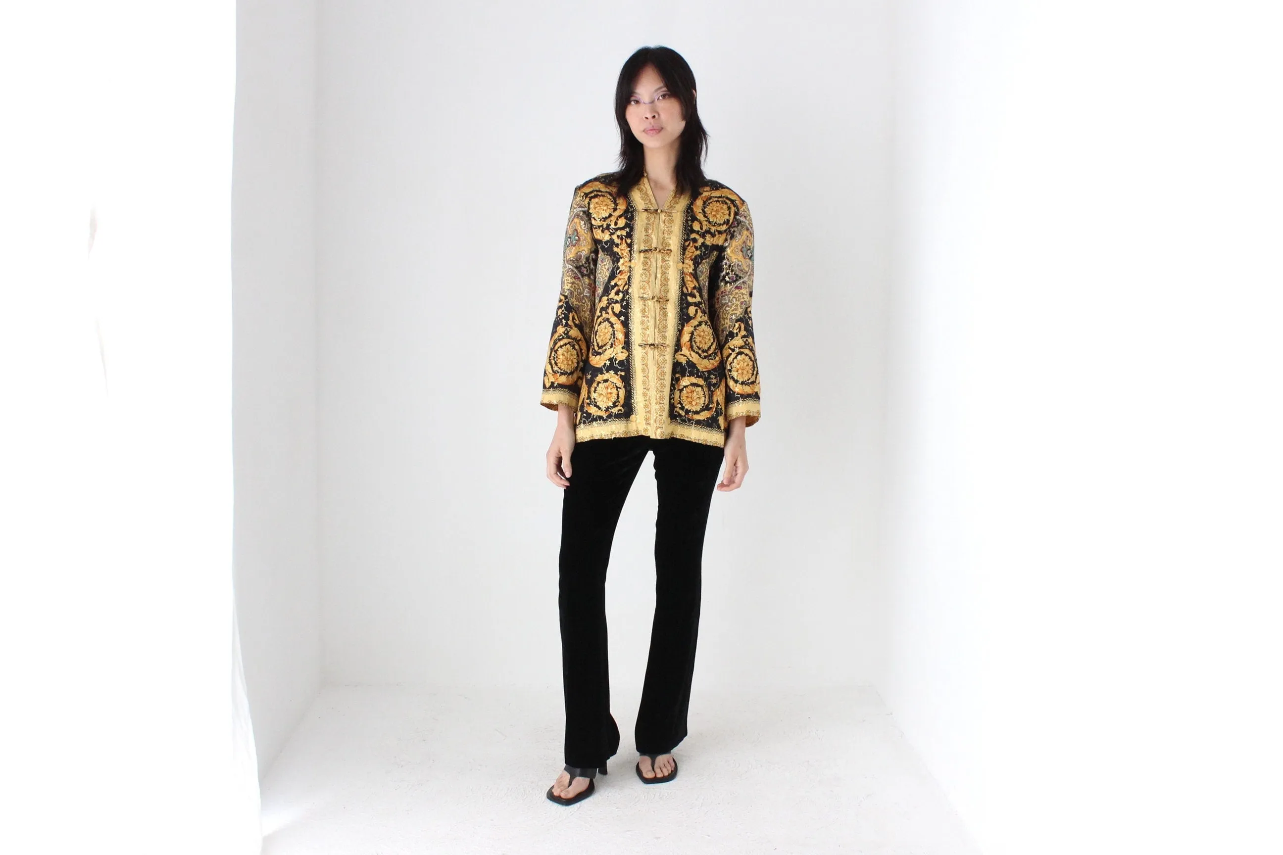80s Pure Silk Baroque Print Mandarin Collar Quilted Jacket