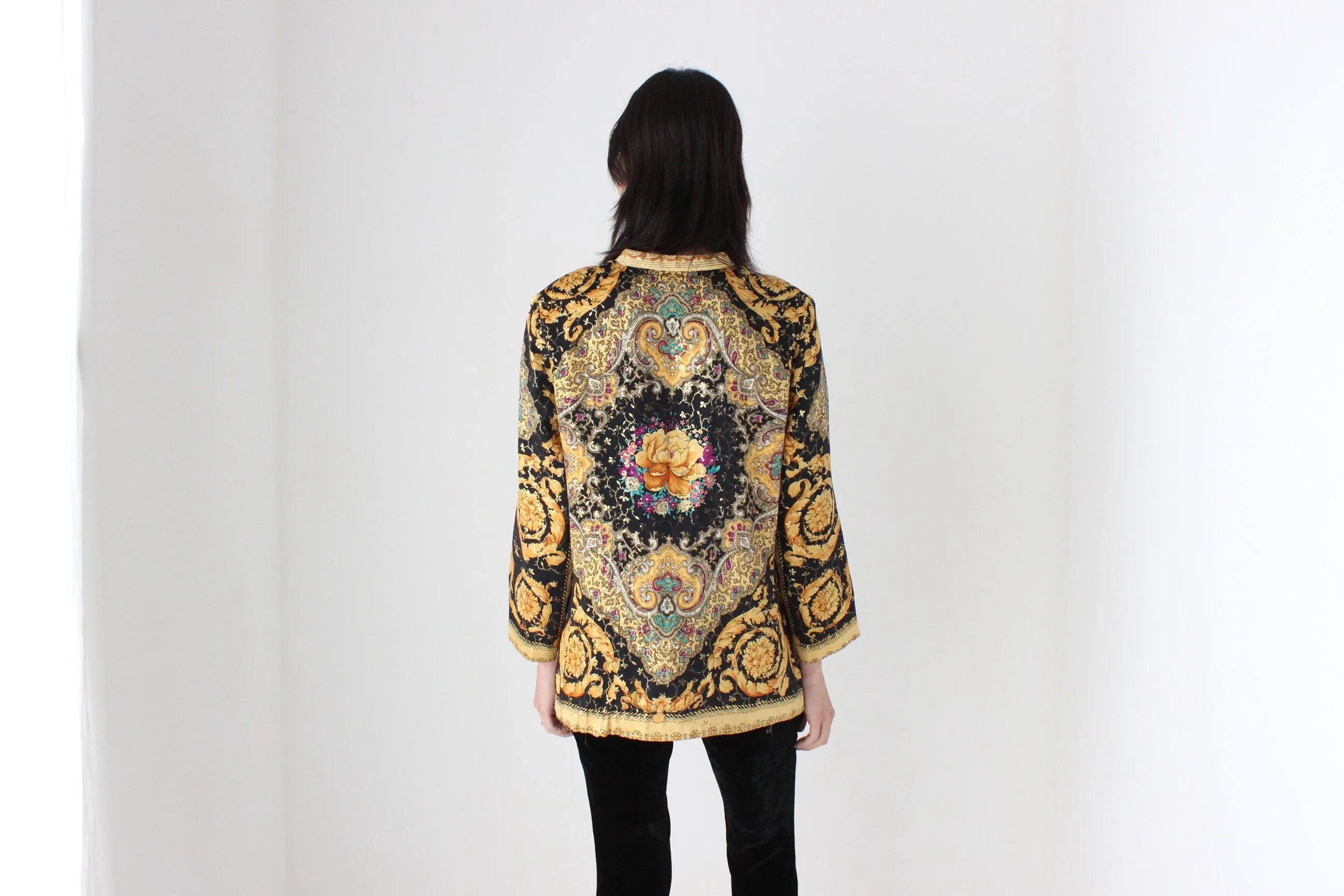 80s Pure Silk Baroque Print Mandarin Collar Quilted Jacket