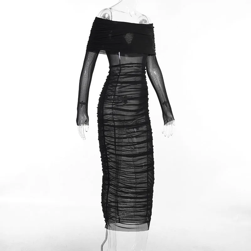BerriesJam - Mesh Long Sleeve Bodycon Sexy Strapless Party Dress