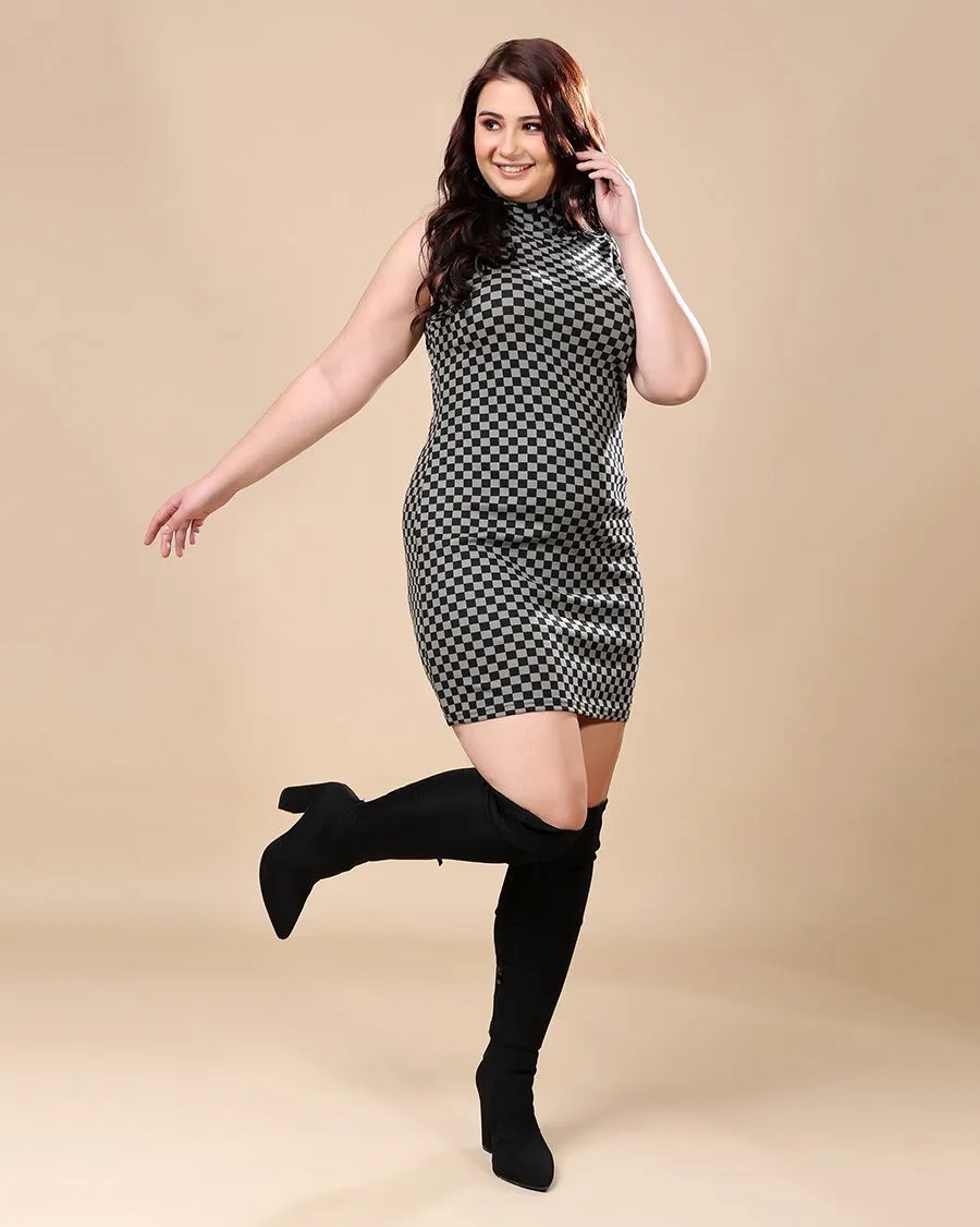 Black & Grey Checked Bodycon Dress