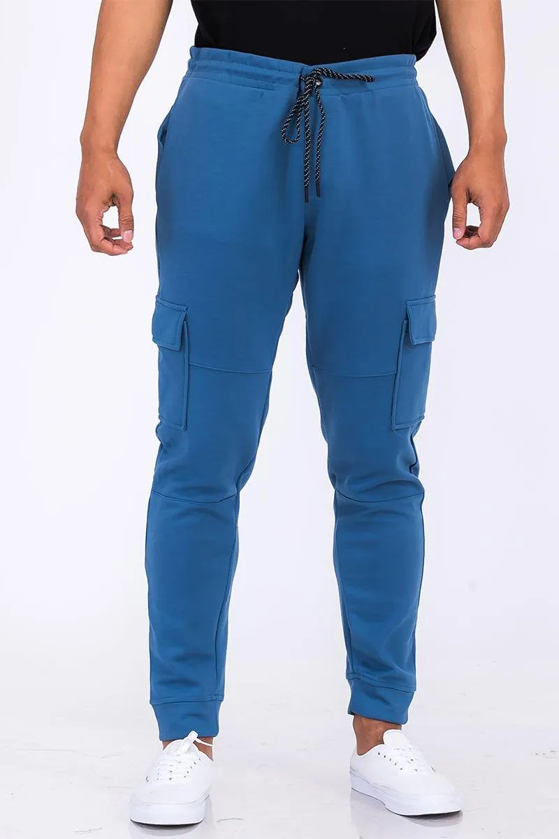 Blue Cotton Blend Cargo Joggers