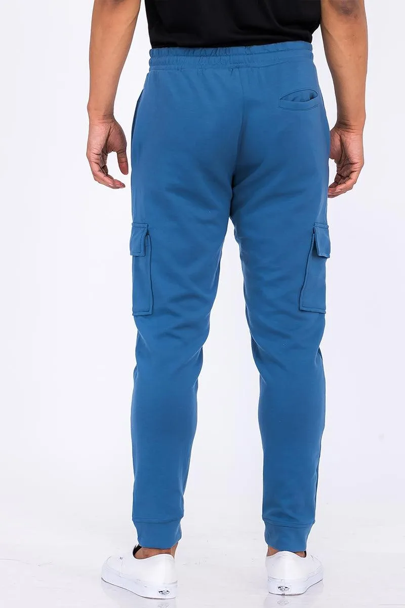 Blue Cotton Blend Cargo Joggers