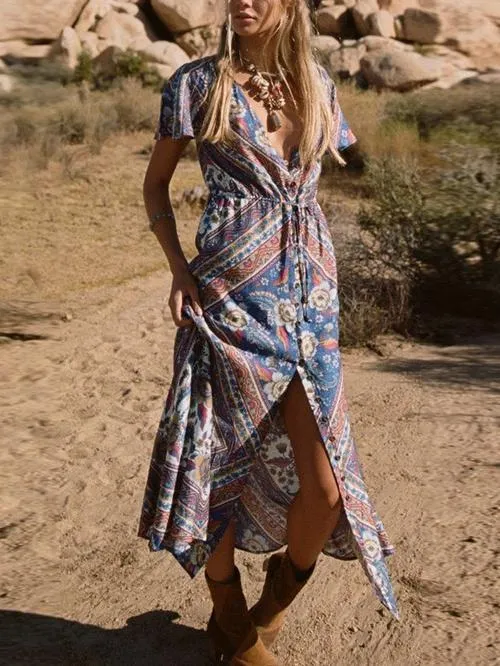 Bohemian Floral V-neck Split Beach Long Dress