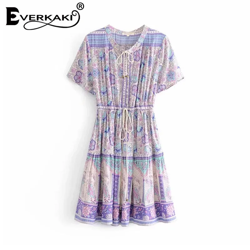 Bohemian print high waist lace up dress