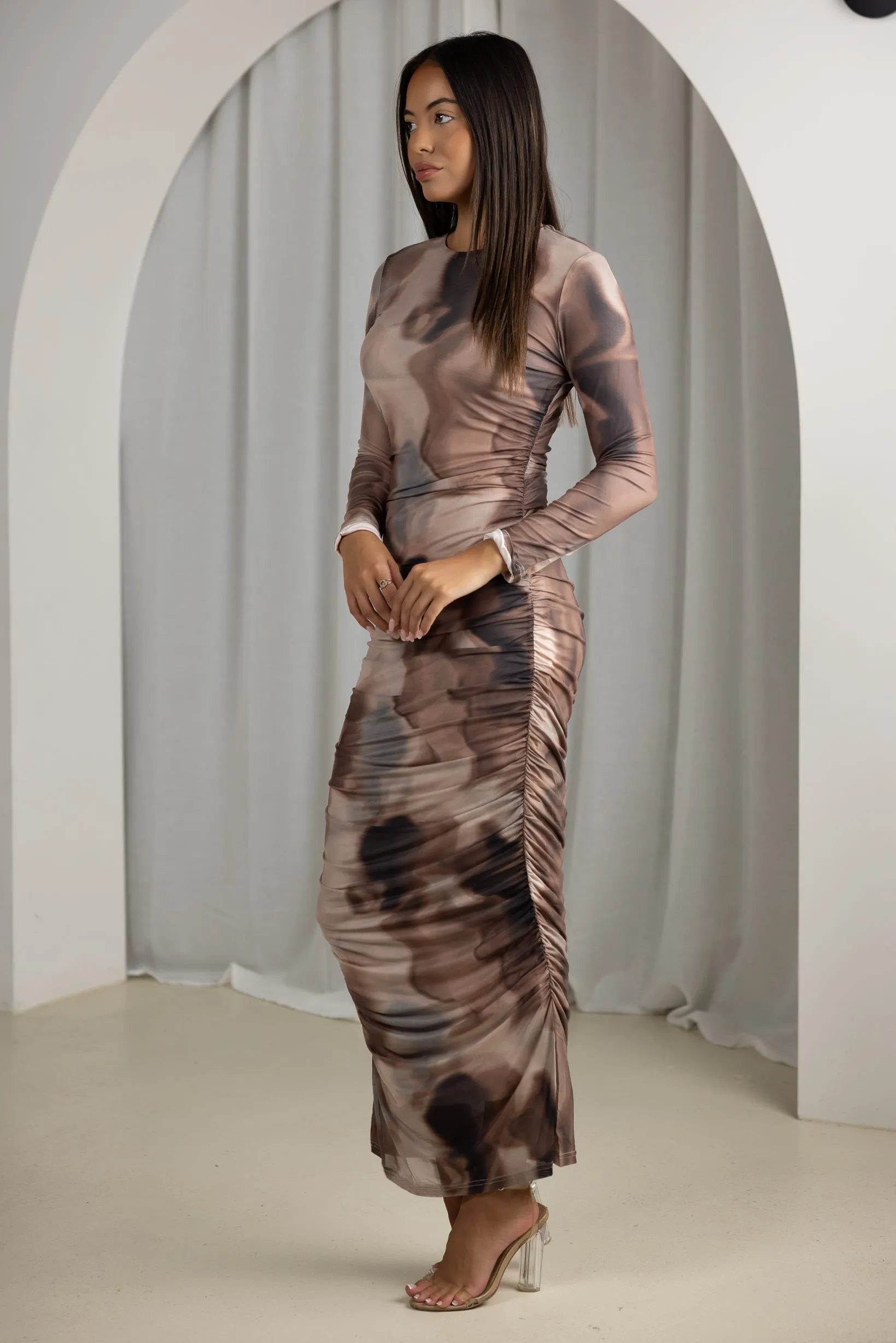 Camo Print Ruched Mesh Maxi Dress