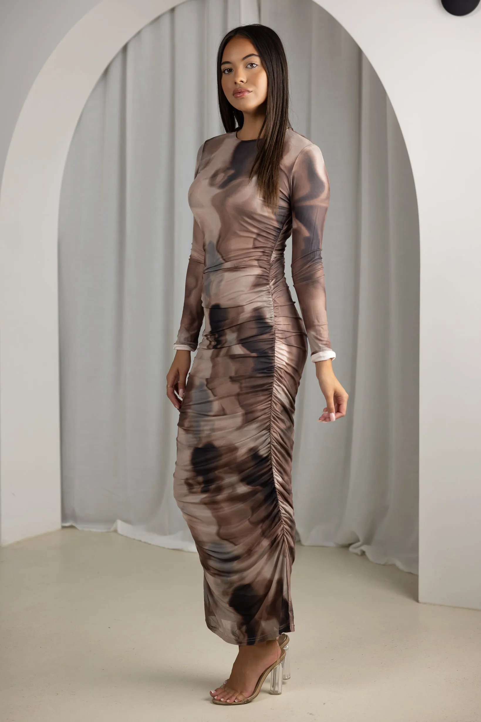 Camo Print Ruched Mesh Maxi Dress