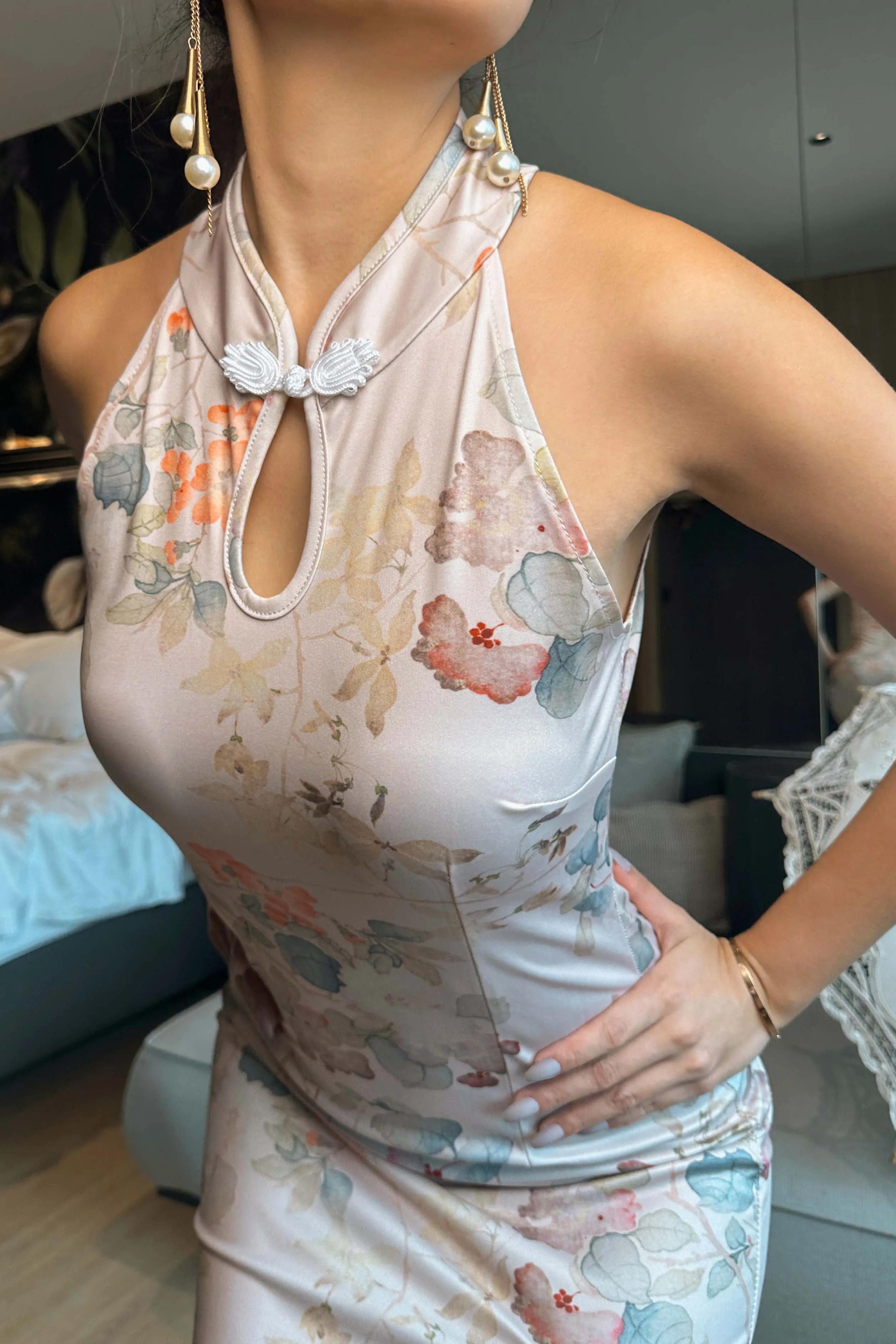 Celestia Floral Midi Qipao in Cream