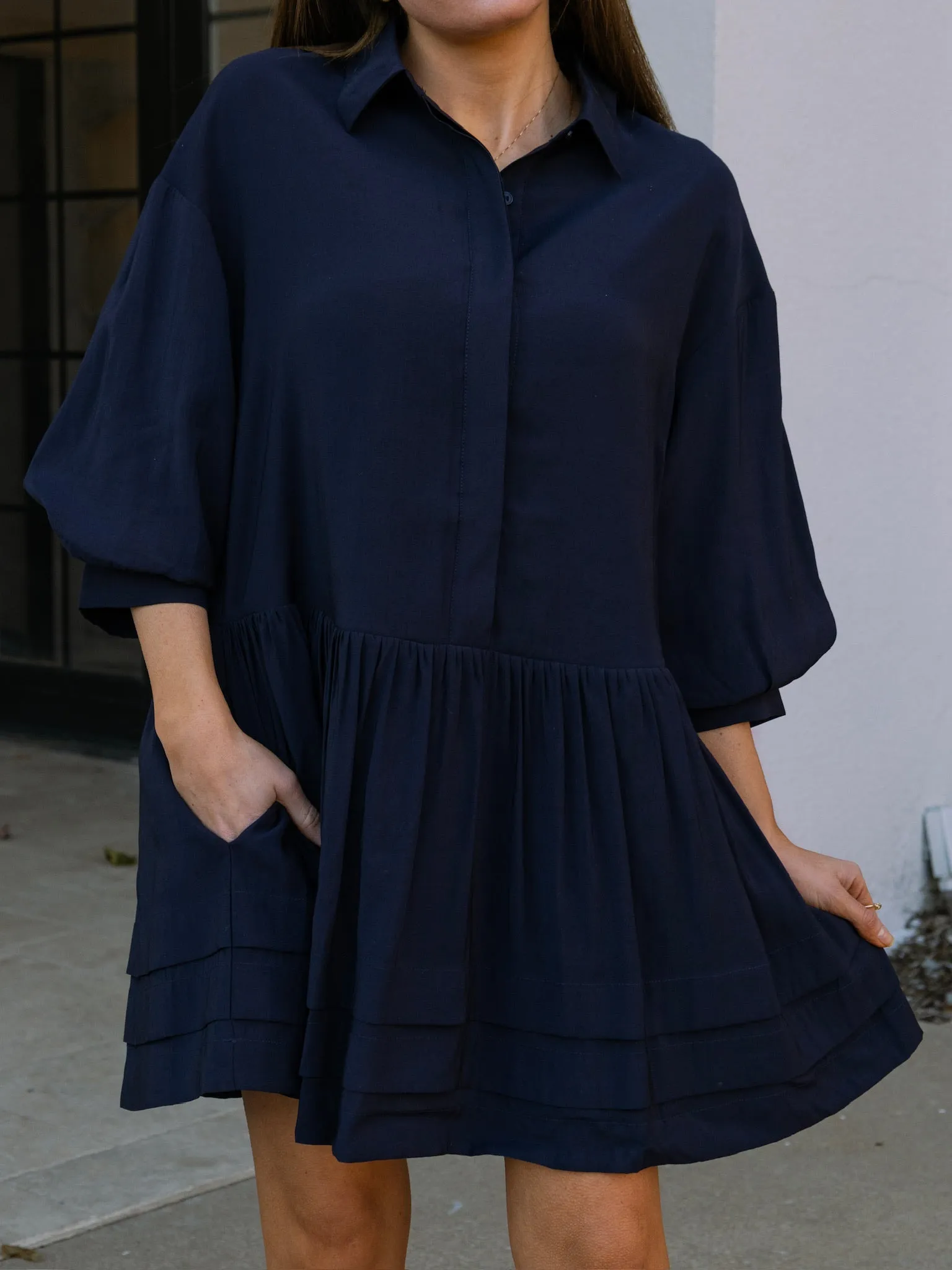 English Factory Navy Collared Drop Waist Dress
