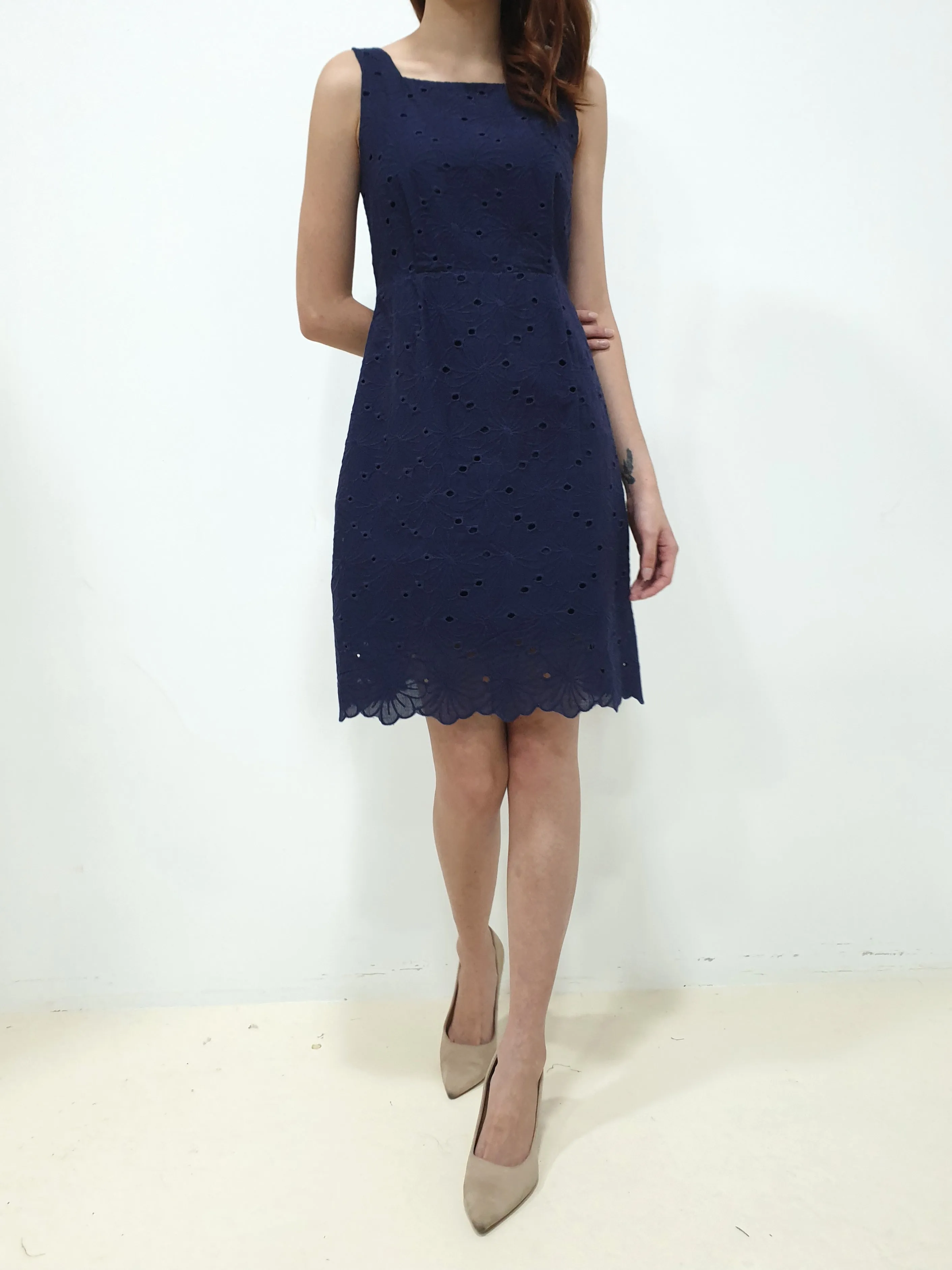 Eyelet Scallop Hem Dress - Navy (Non-returnable)
