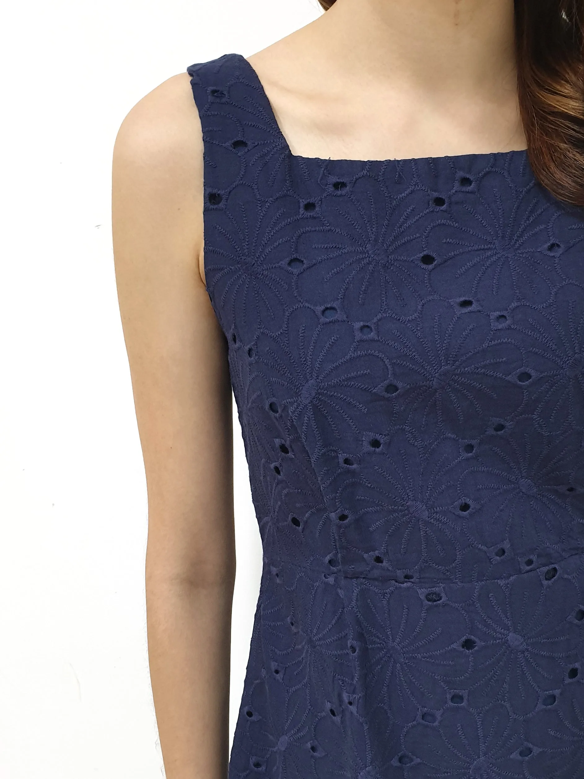 Eyelet Scallop Hem Dress - Navy (Non-returnable)