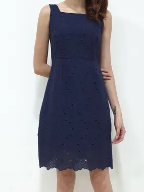 Eyelet Scallop Hem Dress - Navy (Non-returnable)