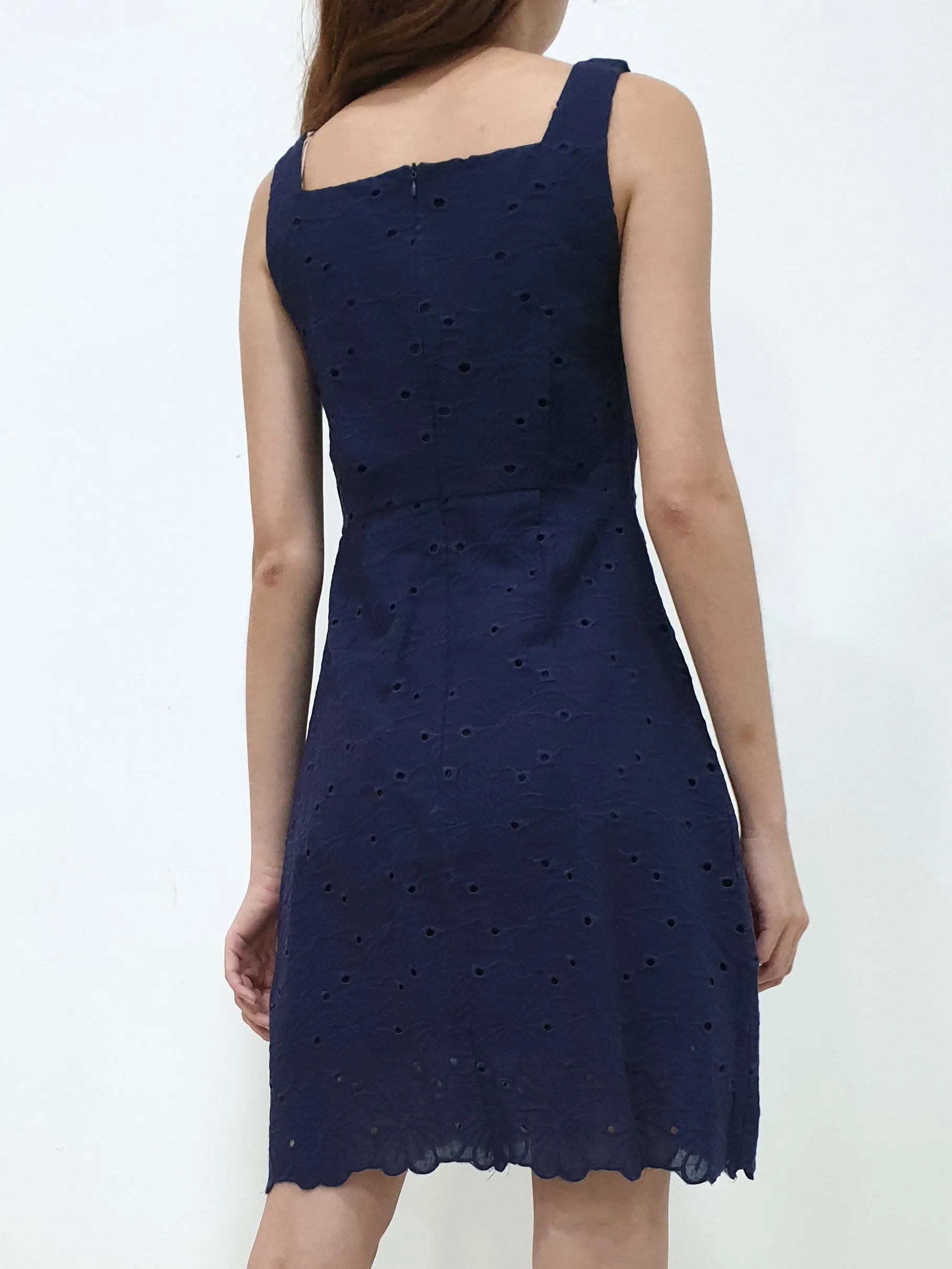 Eyelet Scallop Hem Dress - Navy (Non-returnable)