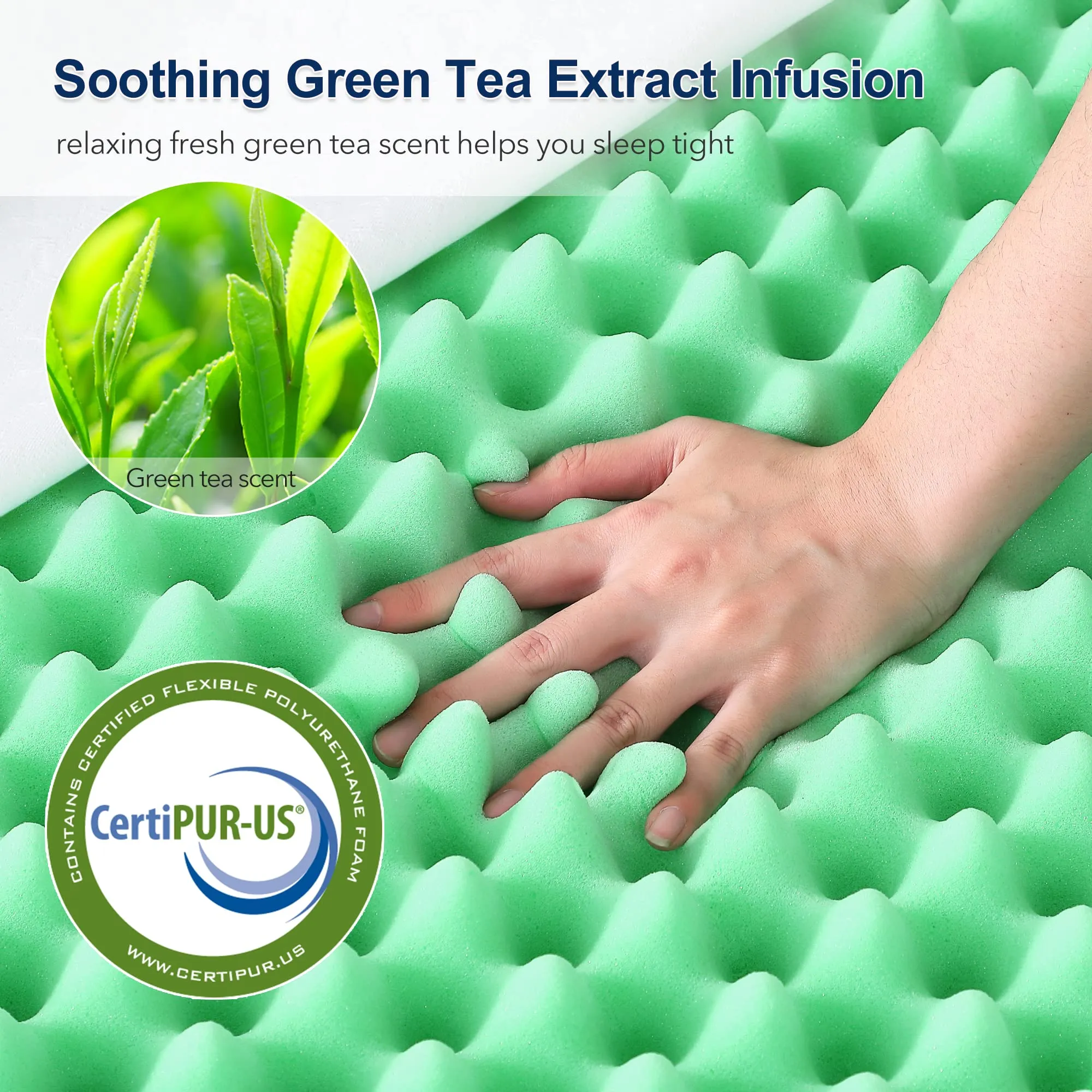 HOMHOUGO Mattress Topper Full Homhougo 3 Inch Green Tea Memory Foam