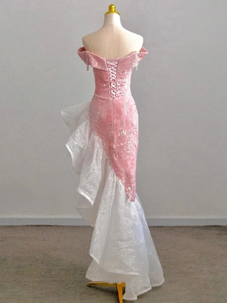 Host Evening Dress Luxury Dress Party Sexy Skirt Bare Chest And Sleeveless Dress Party Bridal Toast Dress Pink Glitter Skirt