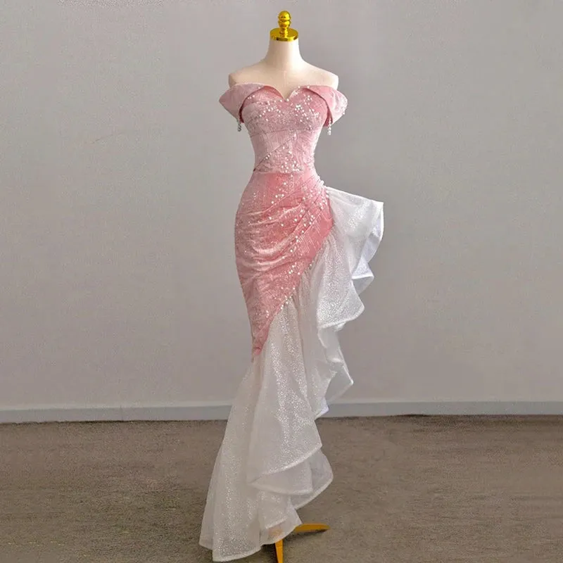 Host Evening Dress Luxury Dress Party Sexy Skirt Bare Chest And Sleeveless Dress Party Bridal Toast Dress Pink Glitter Skirt