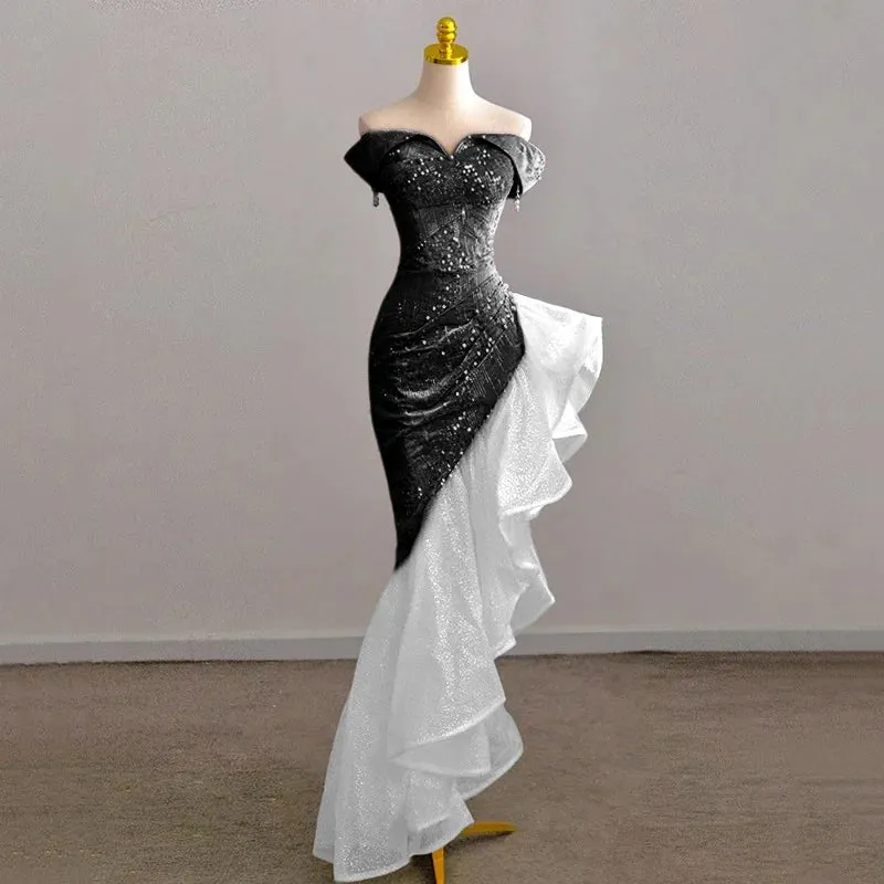 Host Evening Dress Luxury Dress Party Sexy Skirt Bare Chest And Sleeveless Dress Party Bridal Toast Dress Pink Glitter Skirt