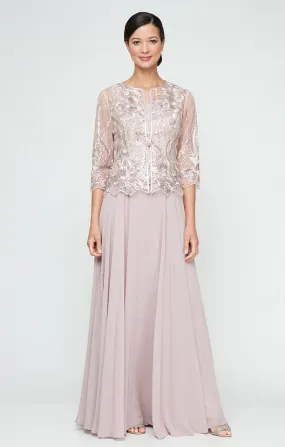 Long Sequin Embroidered Mock Jacket Dress with Center Front Closure Jacket and Full Skirt