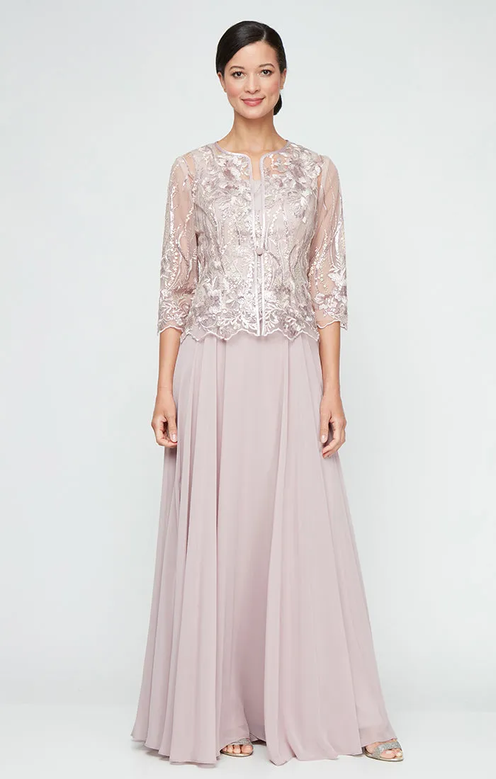 Long Sequin Embroidered Mock Jacket Dress with Center Front Closure Jacket and Full Skirt
