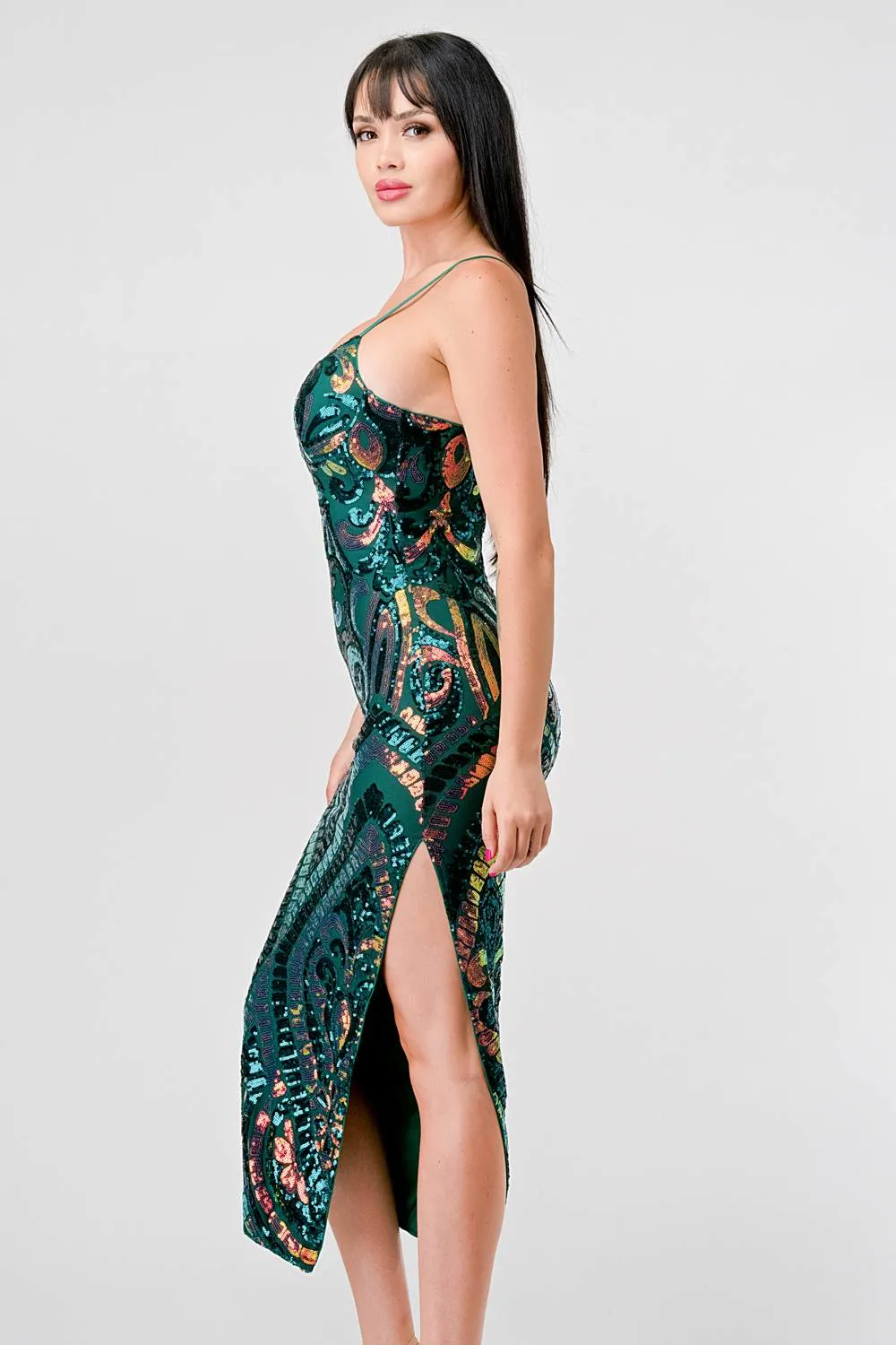 LUXE SEQUINS SWEETHEART BODYCON SLITTED MIDI DRESS