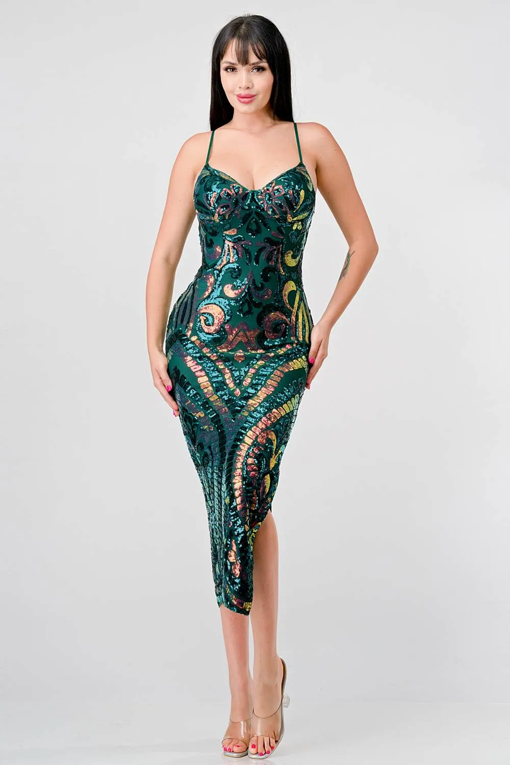 LUXE SEQUINS SWEETHEART BODYCON SLITTED MIDI DRESS