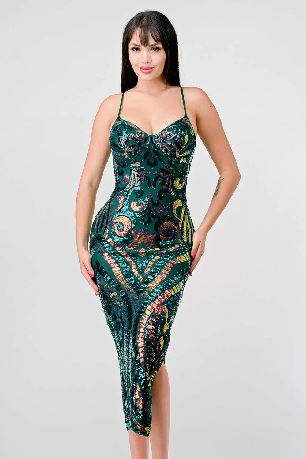 LUXE SEQUINS SWEETHEART BODYCON SLITTED MIDI DRESS