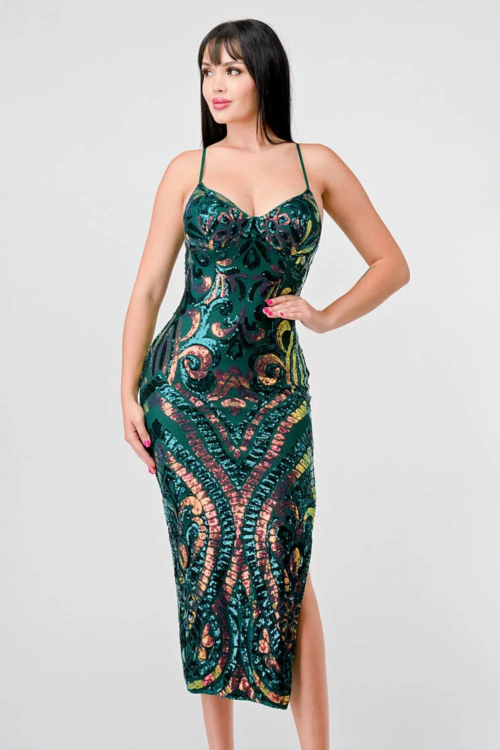 LUXE SEQUINS SWEETHEART BODYCON SLITTED MIDI DRESS