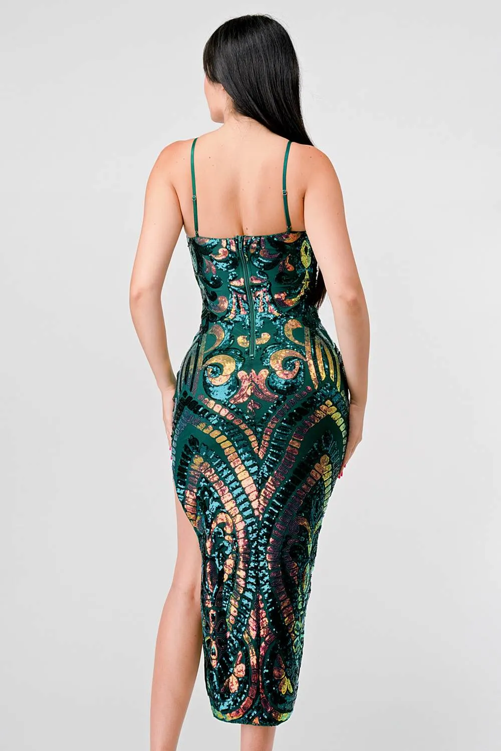 LUXE SEQUINS SWEETHEART BODYCON SLITTED MIDI DRESS
