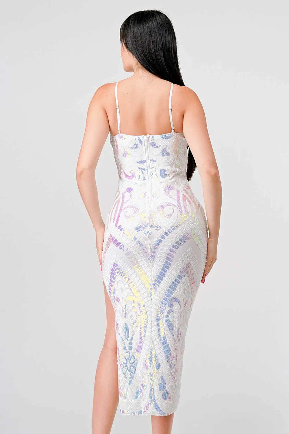 LUXE SEQUINS SWEETHEART BODYCON SLITTED MIDI DRESS