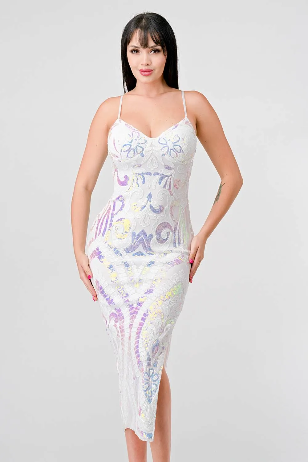 LUXE SEQUINS SWEETHEART BODYCON SLITTED MIDI DRESS
