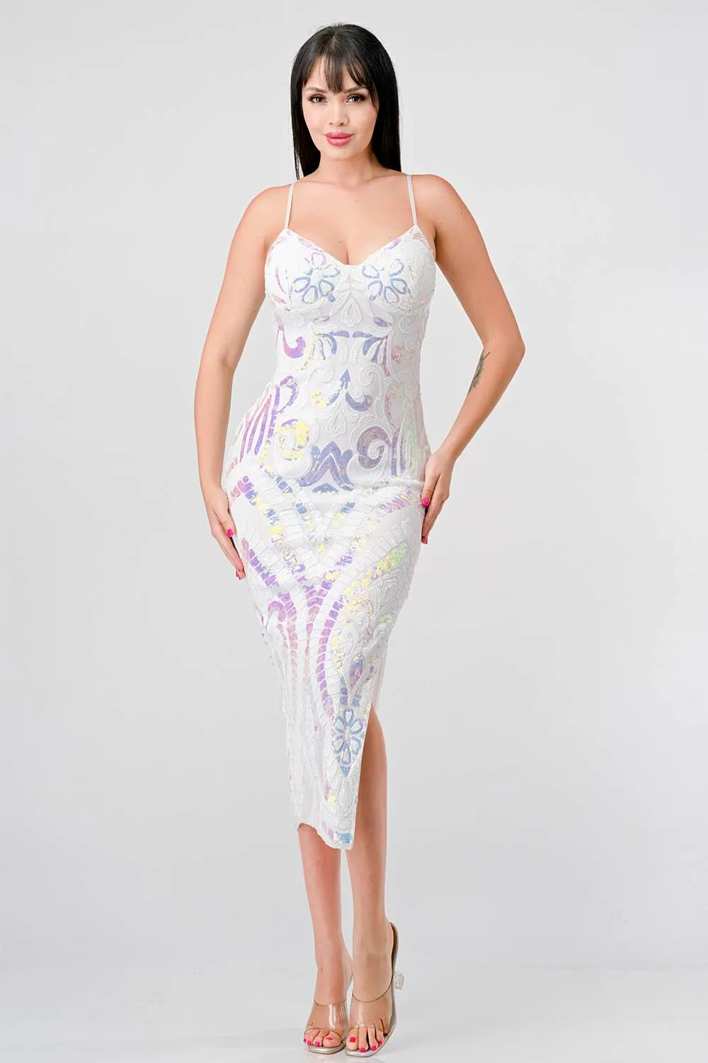 LUXE SEQUINS SWEETHEART BODYCON SLITTED MIDI DRESS