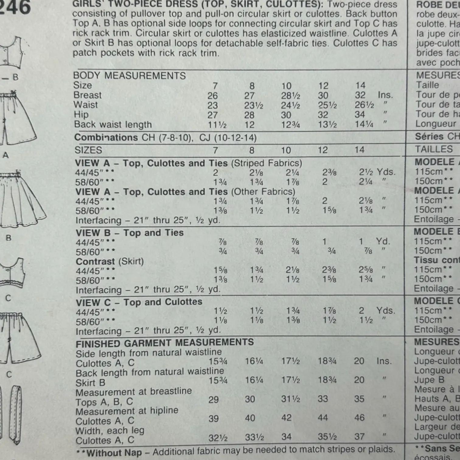 McCall's 4246 Girls' Two Piece Dress (Top, Skirt, Culottes) Pattern - Size 7-8-10