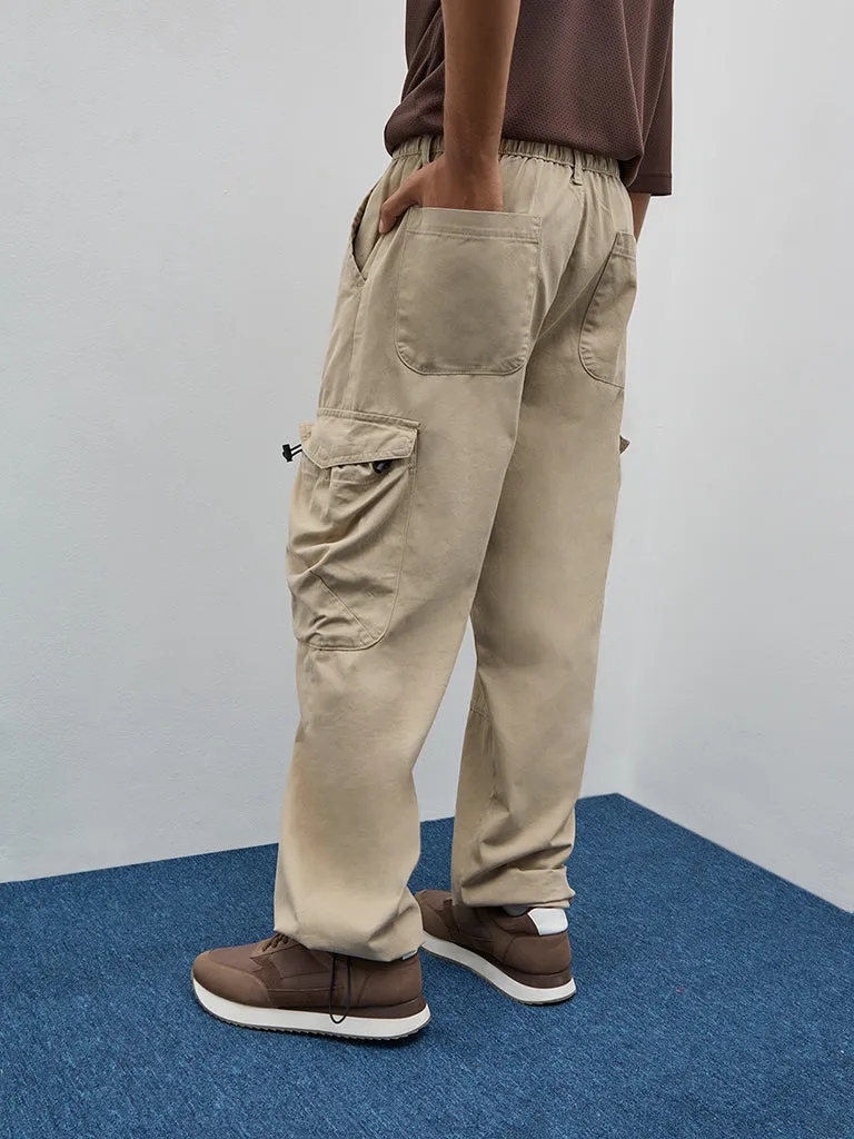 Nuon Beige Mid-Rise Relaxed-Fit Cotton Cargo Chinos