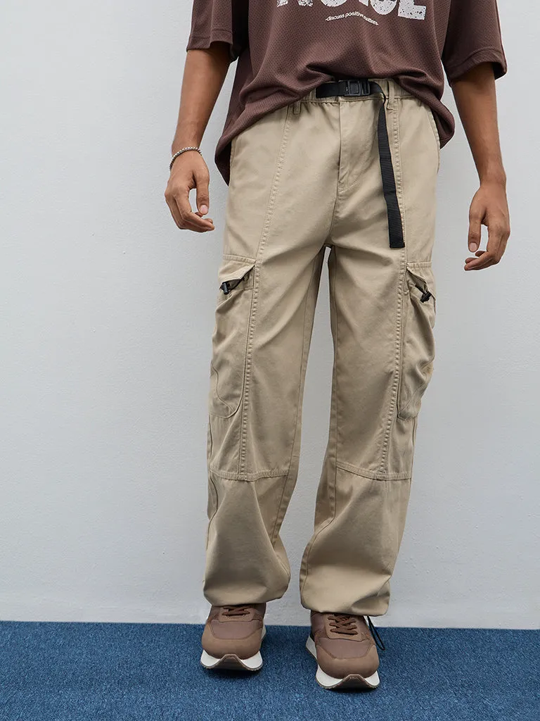 Nuon Beige Mid-Rise Relaxed-Fit Cotton Cargo Chinos