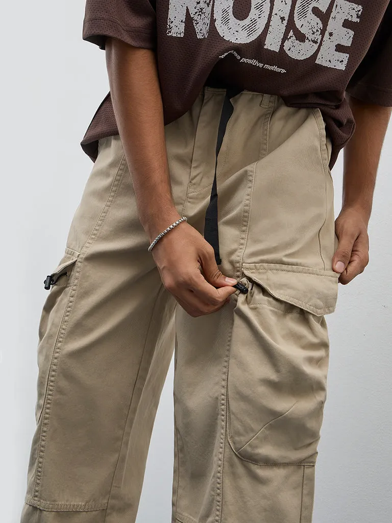 Nuon Beige Mid-Rise Relaxed-Fit Cotton Cargo Chinos