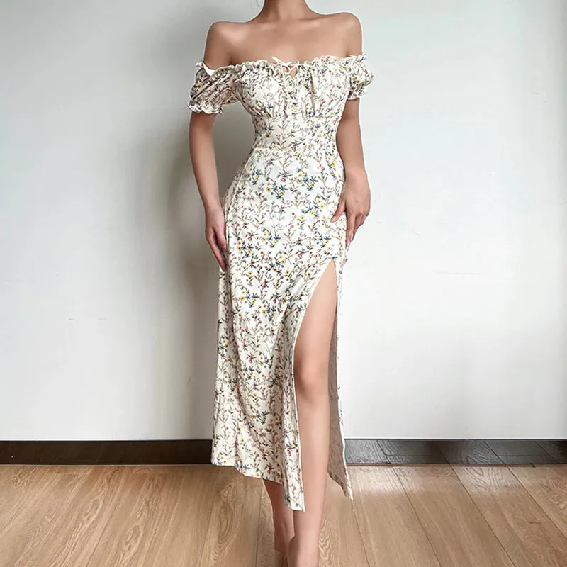 Off Shoulder Flower Print Sexy Dress For Women High Split Elegant Long Dresses Backless Bodycon Summer Dress Vestidos