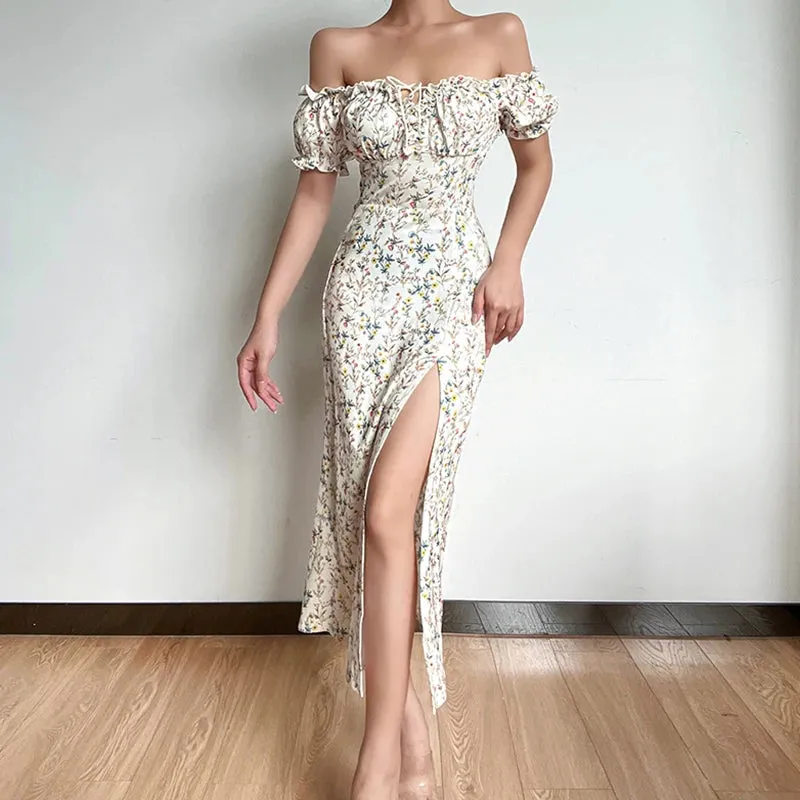 Off Shoulder Flower Print Sexy Dress For Women High Split Elegant Long Dresses Backless Bodycon Summer Dress Vestidos
