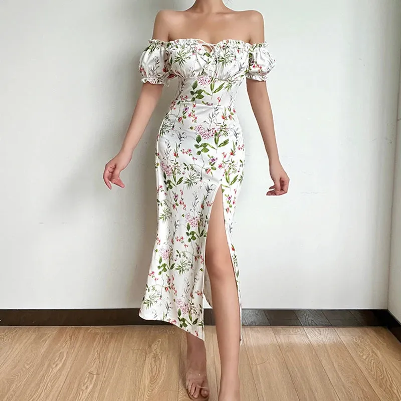 Off Shoulder Flower Print Sexy Dress For Women High Split Elegant Long Dresses Backless Bodycon Summer Dress Vestidos