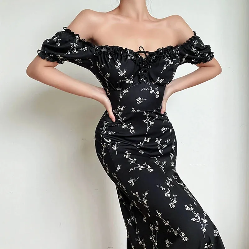 Off Shoulder Flower Print Sexy Dress For Women High Split Elegant Long Dresses Backless Bodycon Summer Dress Vestidos