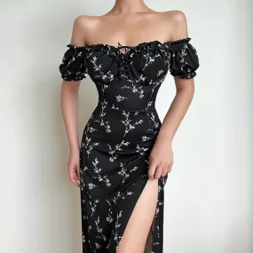 Off Shoulder Flower Print Sexy Dress For Women High Split Elegant Long Dresses Backless Bodycon Summer Dress Vestidos