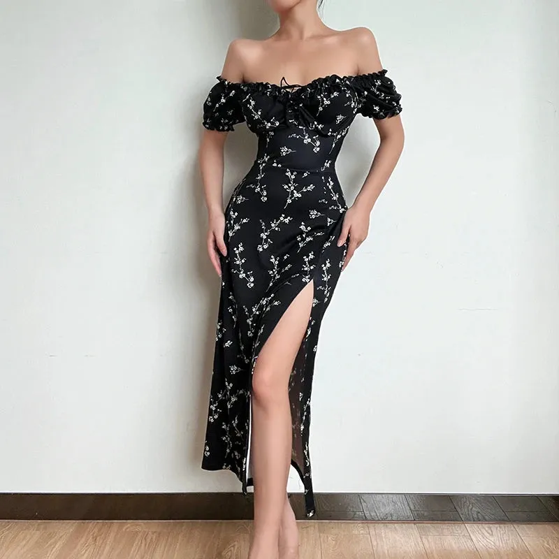 Off Shoulder Flower Print Sexy Dress For Women High Split Elegant Long Dresses Backless Bodycon Summer Dress Vestidos