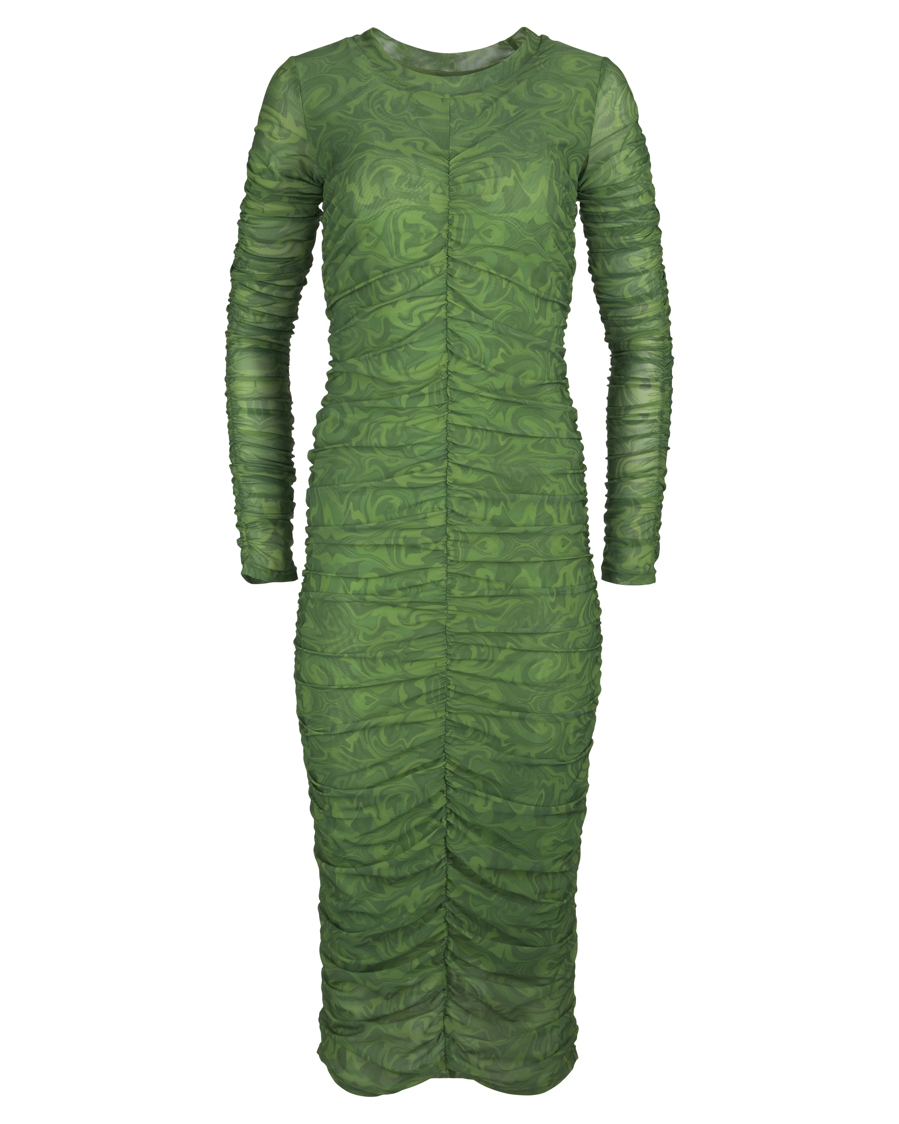 Printed Ruched Mesh Dress
