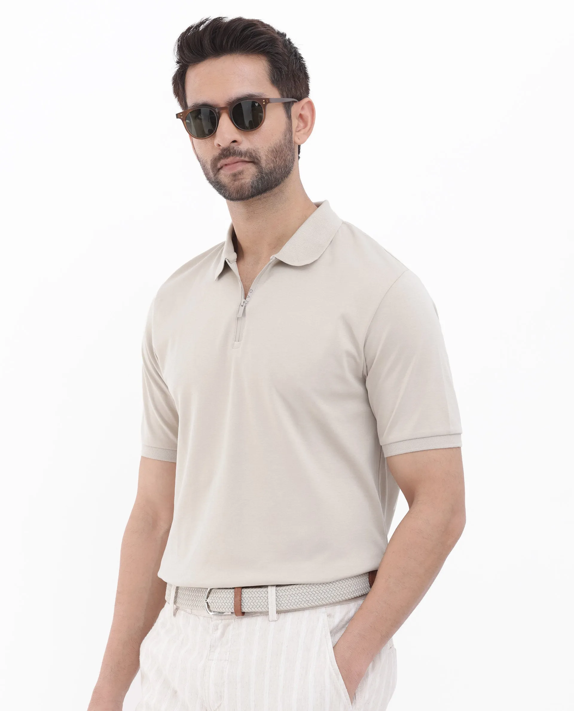 Rare Rabbit Men Holit-1 Dusky Beige Cotton Fabric Short Sleeve Collared Neck Regular Fit Printed Polo