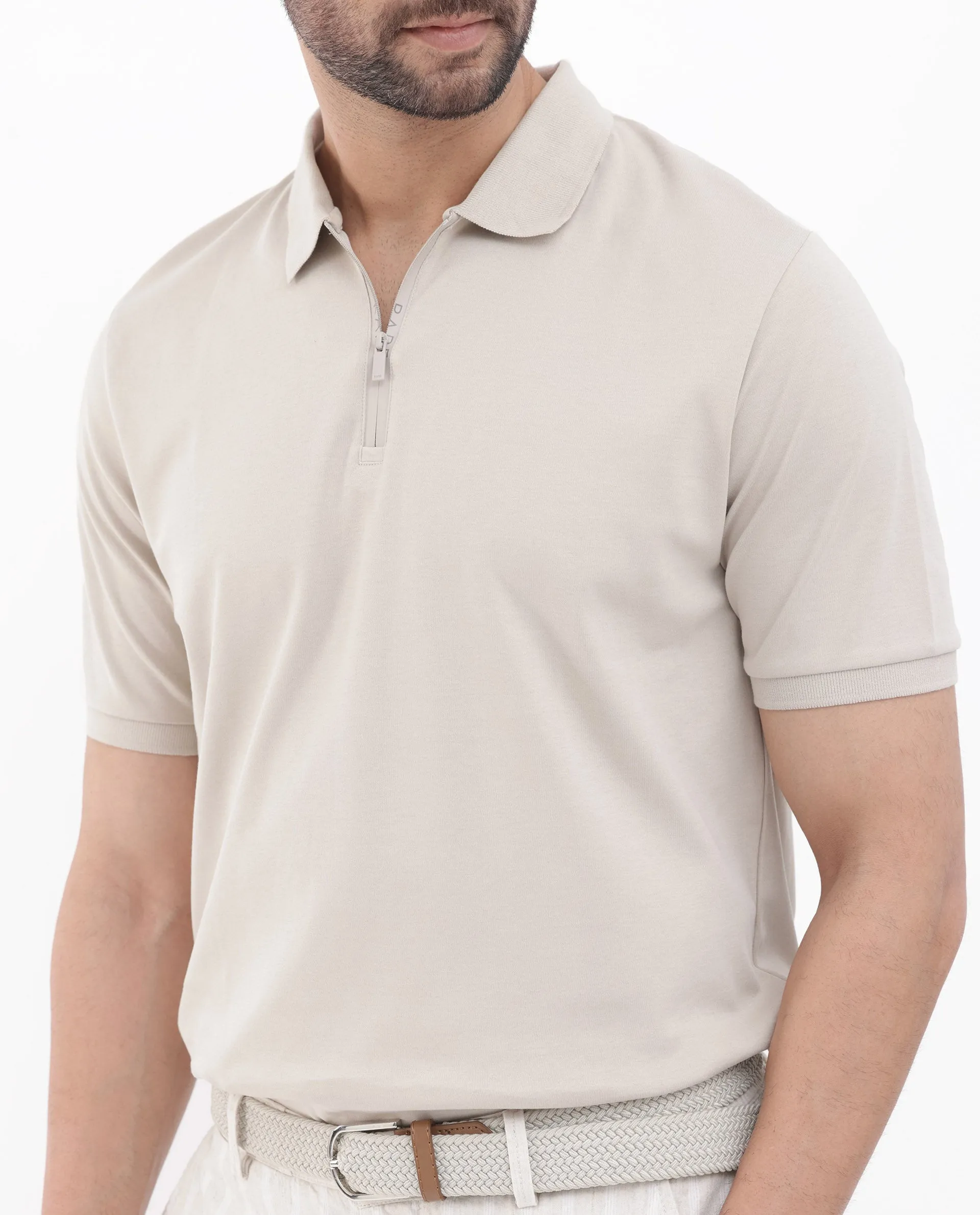 Rare Rabbit Men Holit-1 Dusky Beige Cotton Fabric Short Sleeve Collared Neck Regular Fit Printed Polo