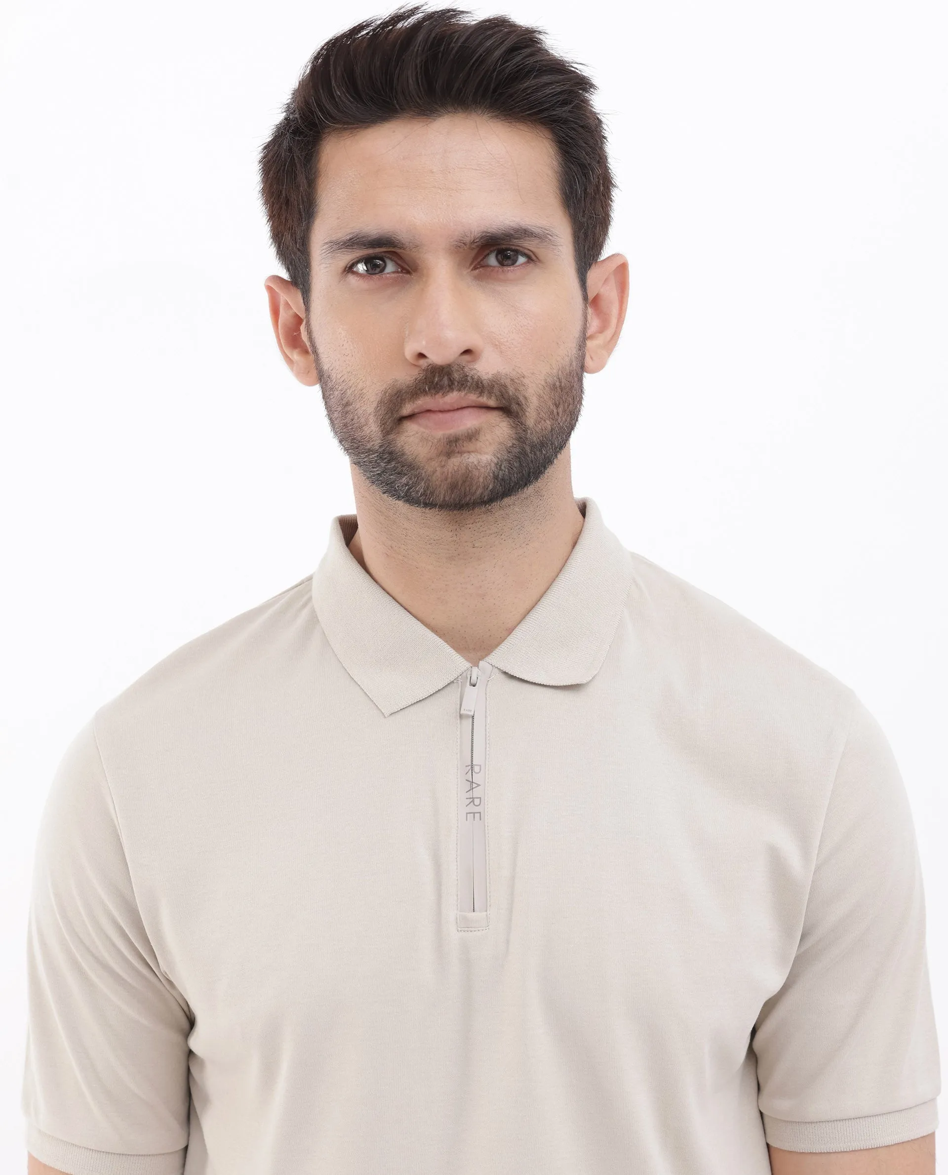 Rare Rabbit Men Holit-1 Dusky Beige Cotton Fabric Short Sleeve Collared Neck Regular Fit Printed Polo
