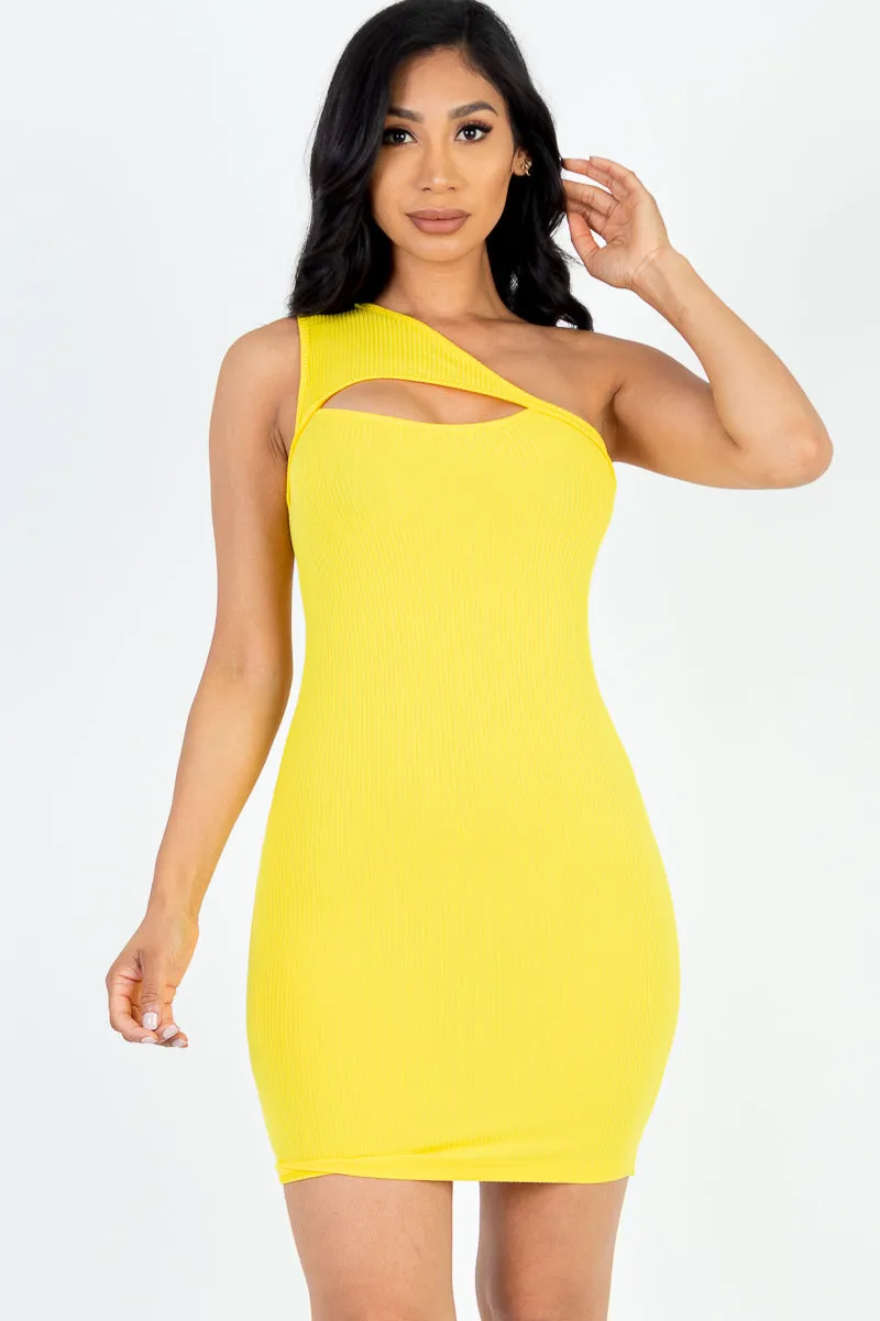 Ribbed One Shoulder Cutout Front Casual Mini Bodycon Dress (CAPELLA)